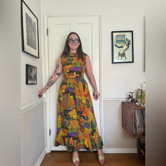 Vintage Dresses & Skirts - 70s Vintage Funky Bright Patchwork Maxi Dress Prairie Style